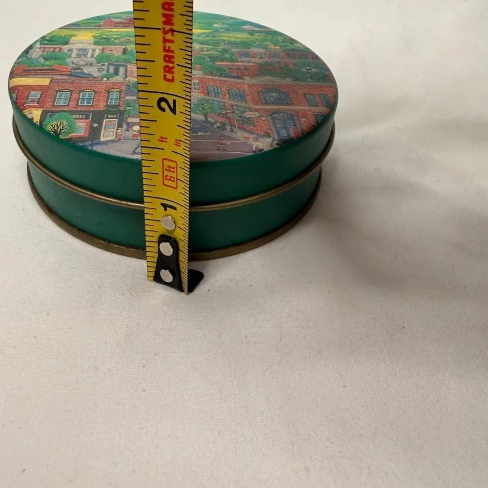 Vintage Heilig-Meyers‎ Folk Art Small Town Main Street Coaster Set with Tin 4pc